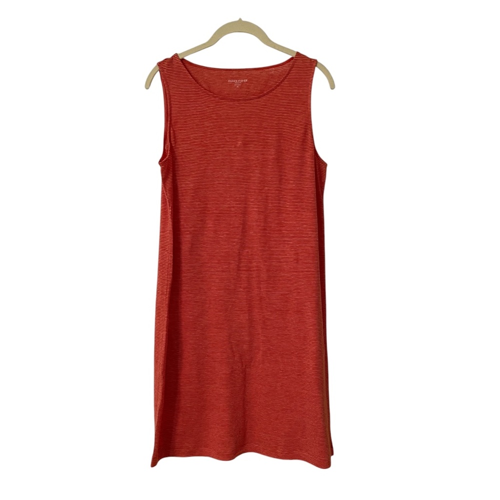 Eileen Fisher Orange Striped Linen Dress Small Petite Sleeveless Breathable